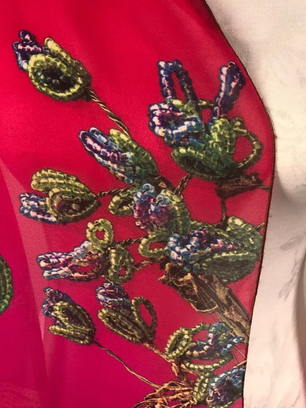 Vintage Signed Wearable Art Chiffon Scarf – Cherry Red Botanical Art Scarf